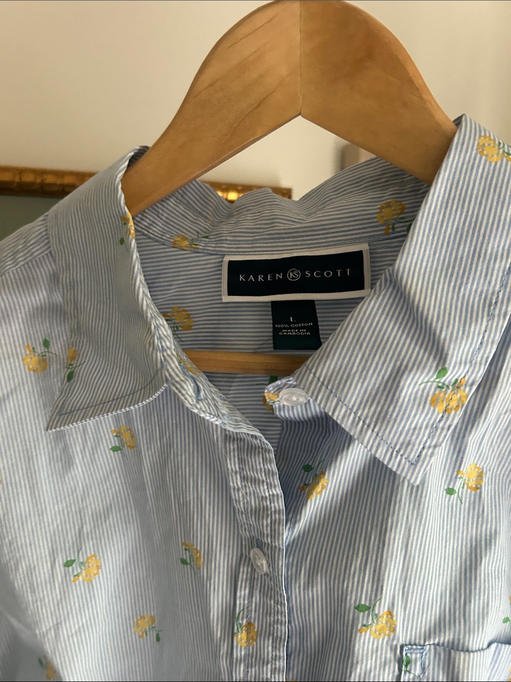 Karen Scott L Light Blue yellow floral -Print Button-Up Shirt